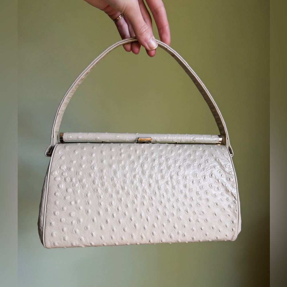 Vintage Ostrich Leather Handbag, Retro Mid Century Leather Purse, Off White